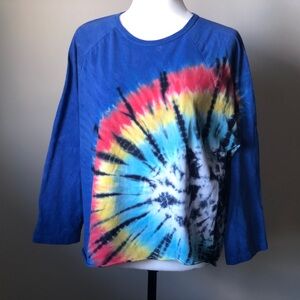 OBEY Tie Dye 3/4 Sleeve Tee - size XL - royal blue tie dye crop rolled hem top